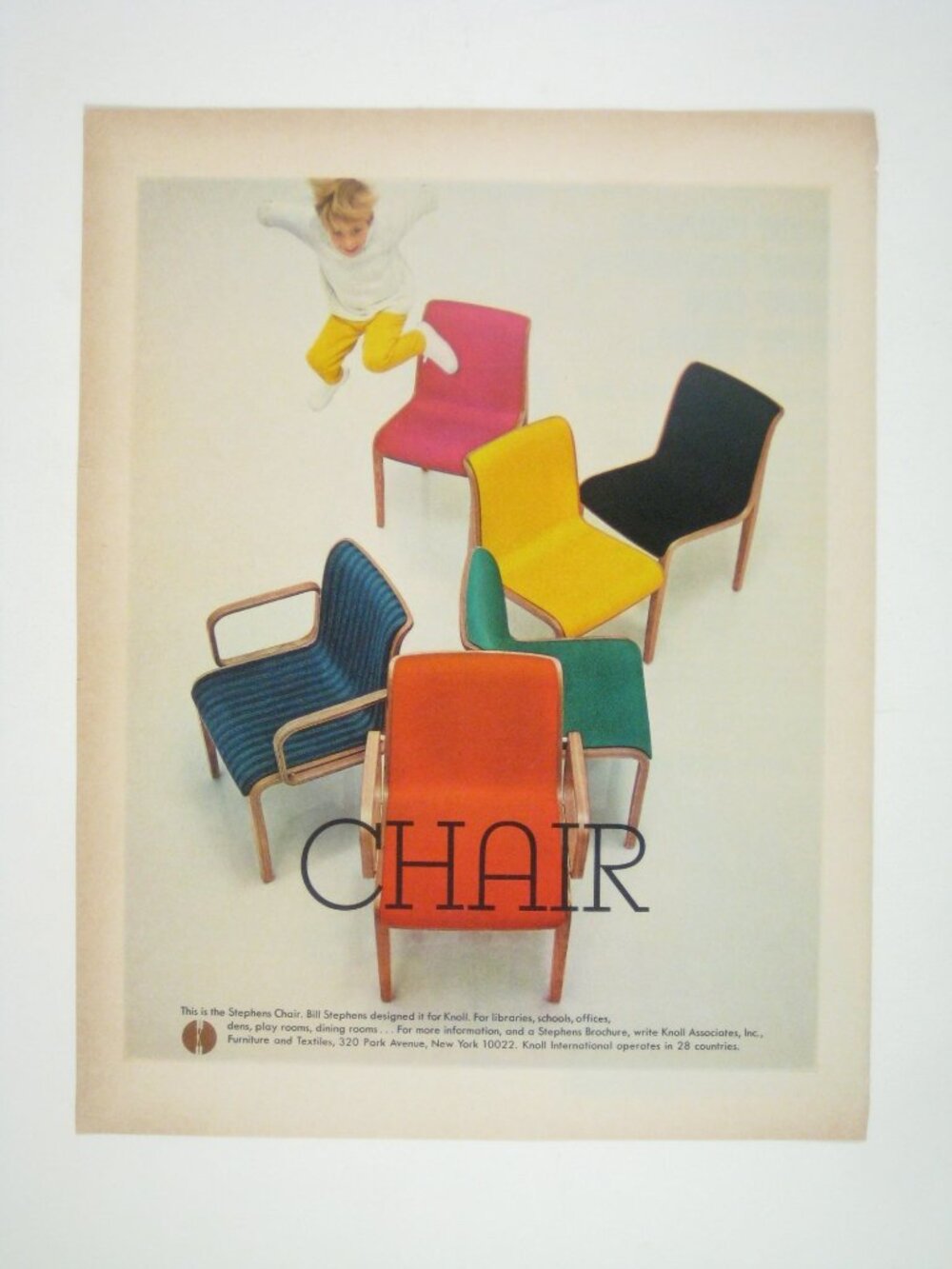 Vintage 1968 Stephens Chair Print Ad Knoll Furniture MOD Home Decor